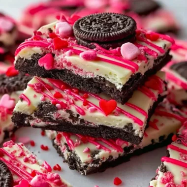 Delicious homemade Oreo Cookie Bark topped with melted chocolate and crushed Oreos.