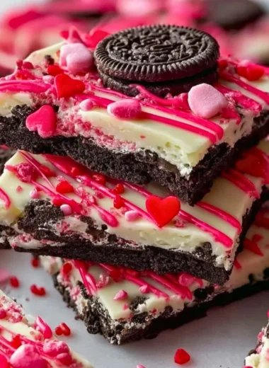 Delicious homemade Oreo Cookie Bark topped with melted chocolate and crushed Oreos.