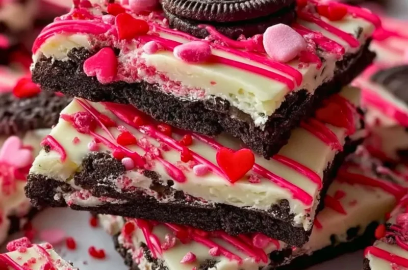 Delicious homemade Oreo Cookie Bark topped with melted chocolate and crushed Oreos.
