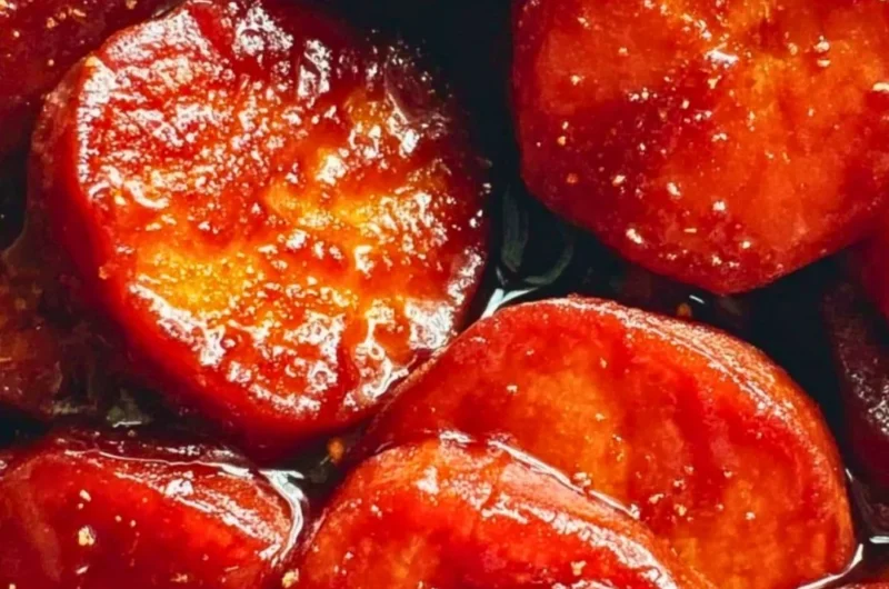 Oven baked candied yams drizzled with caramel sauce, ready to serve