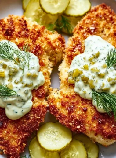 Parmesan Chicken with Dill Pickle seasoning garnished and served on a plate