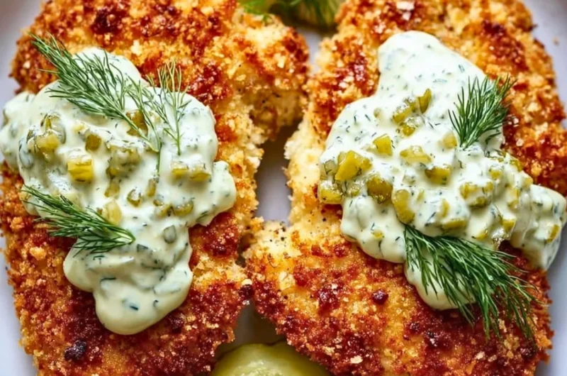 Parmesan Chicken with Dill Pickle seasoning garnished and served on a plate