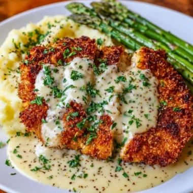 Parmesan Crusted Chicken served with creamy garlic sauce, perfect family dinner recipe