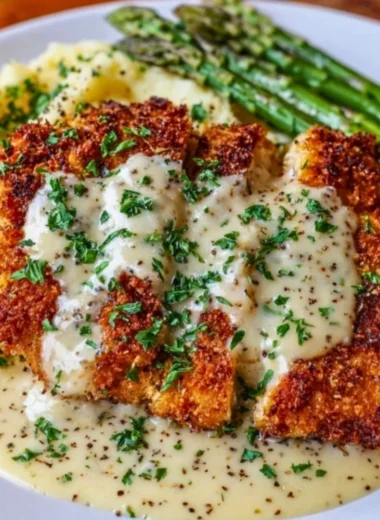 Parmesan Crusted Chicken served with creamy garlic sauce, perfect family dinner recipe