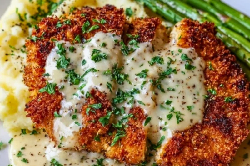 Parmesan Crusted Chicken served with creamy garlic sauce, perfect family dinner recipe