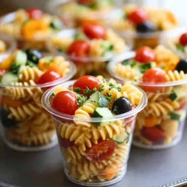Colorful pasta salad cups filled with fresh vegetables and dressing