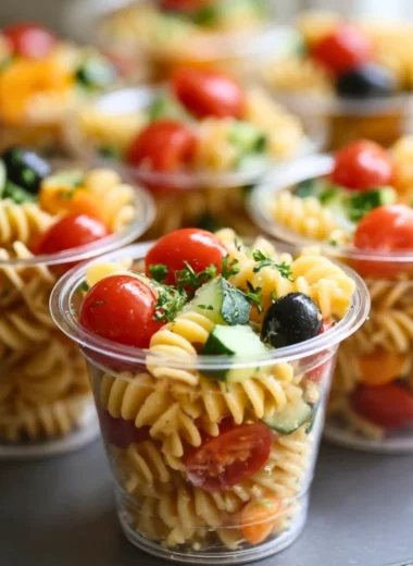 Colorful pasta salad cups filled with fresh vegetables and dressing