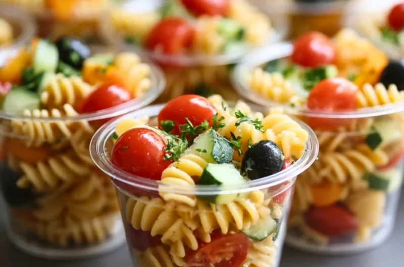 Colorful pasta salad cups filled with fresh vegetables and dressing