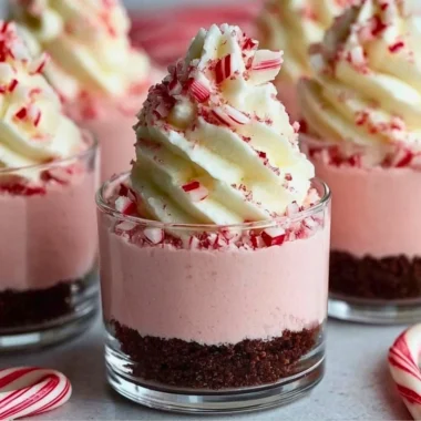 Peppermint cheesecake mousse cups served in decorative glasses