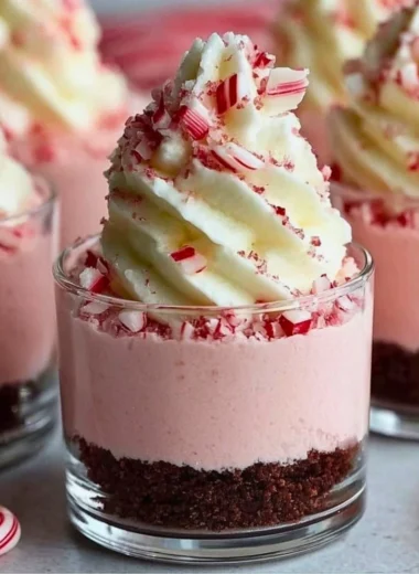 Peppermint cheesecake mousse cups served in decorative glasses
