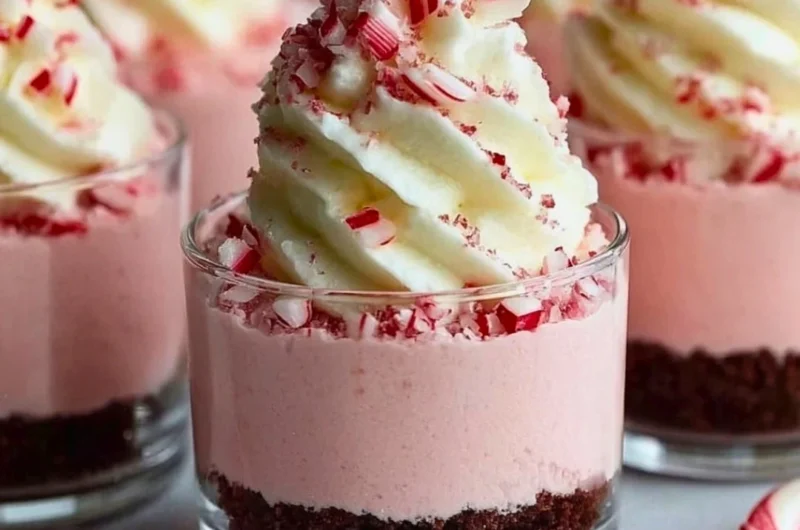 Peppermint cheesecake mousse cups served in decorative glasses