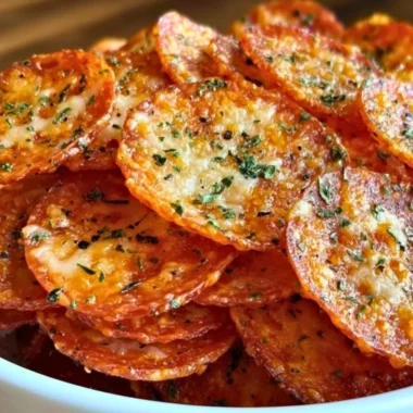 Plate of crunchy Pepperoni Cheese Crisps ready to be enjoyed as a low-carb snack.
