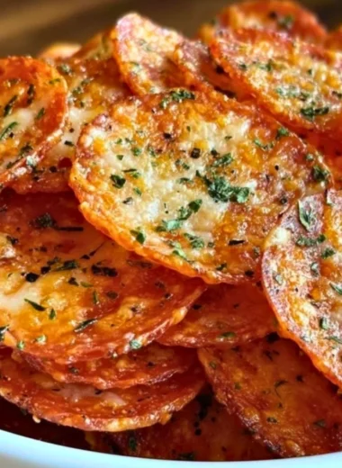 Plate of crunchy Pepperoni Cheese Crisps ready to be enjoyed as a low-carb snack.