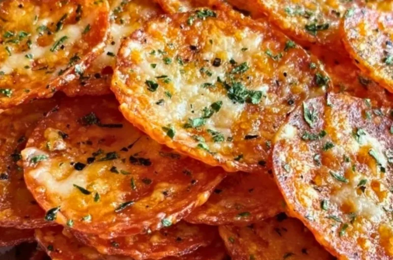 Plate of crunchy Pepperoni Cheese Crisps ready to be enjoyed as a low-carb snack.