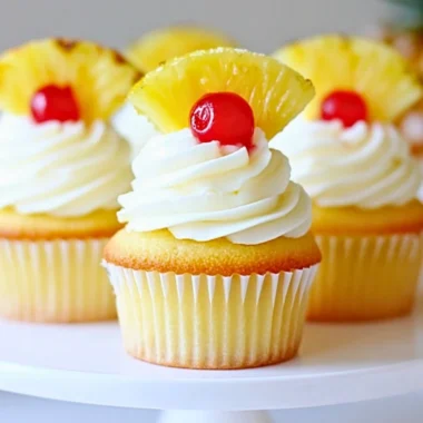 Delicious pineapple cream cupcakes topped with fluffy frosting and fresh fruit.