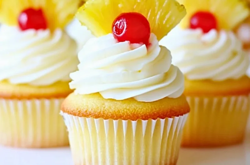 Delicious pineapple cream cupcakes topped with fluffy frosting and fresh fruit.