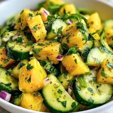 A vibrant Pineapple Cucumber Salad in a bowl with fresh ingredients.