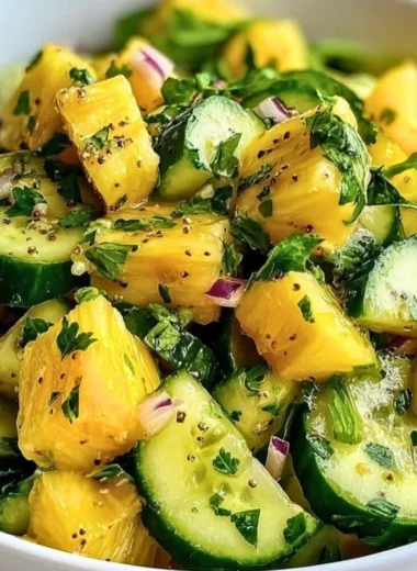 A vibrant Pineapple Cucumber Salad in a bowl with fresh ingredients.