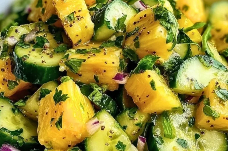 A vibrant Pineapple Cucumber Salad in a bowl with fresh ingredients.