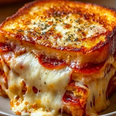 Delicious Pizza Grilled Cheese sandwich with melted cheese and pepperoni