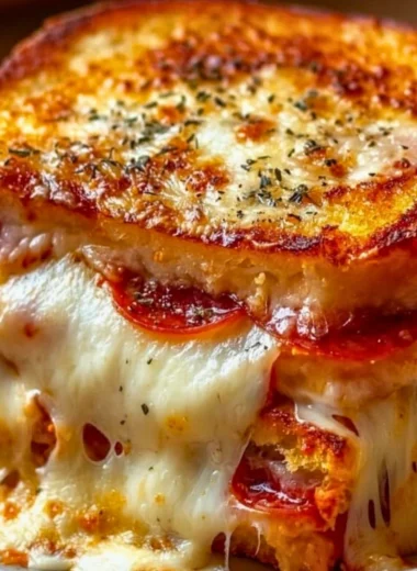 Delicious Pizza Grilled Cheese sandwich with melted cheese and pepperoni