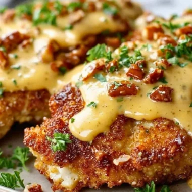 Crispy pretzel chicken drizzled with mustard-cheddar sauce on a plate.