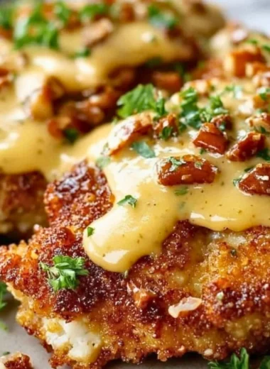 Crispy pretzel chicken drizzled with mustard-cheddar sauce on a plate.