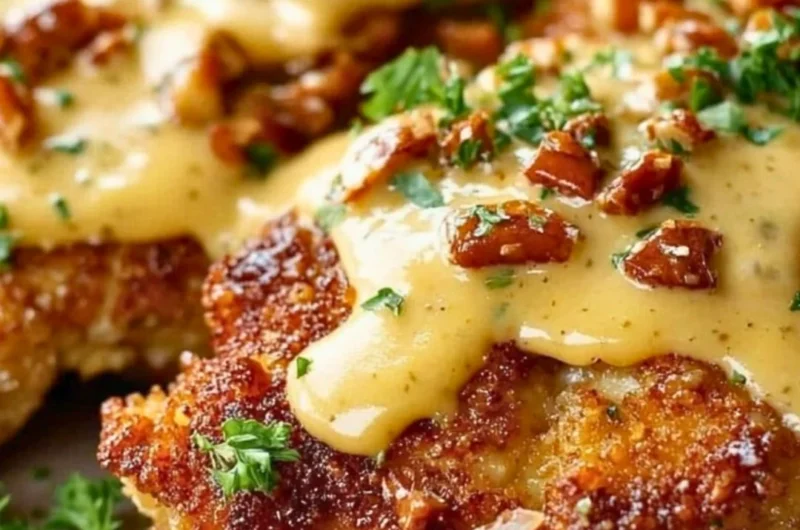 Crispy pretzel chicken drizzled with mustard-cheddar sauce on a plate.