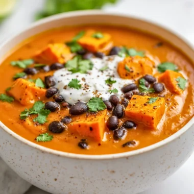 Bowl of roasted sweet potato and black bean soup garnished with herbs