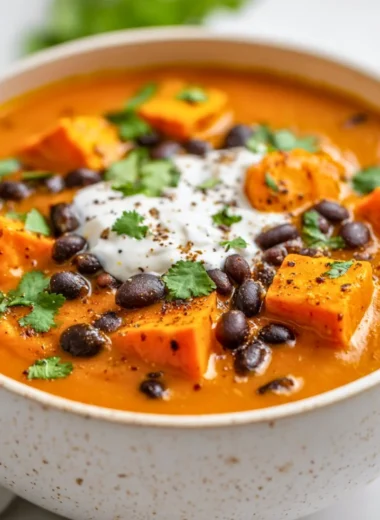 Bowl of roasted sweet potato and black bean soup garnished with herbs