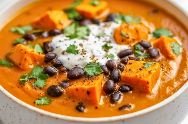 Bowl of roasted sweet potato and black bean soup garnished with herbs