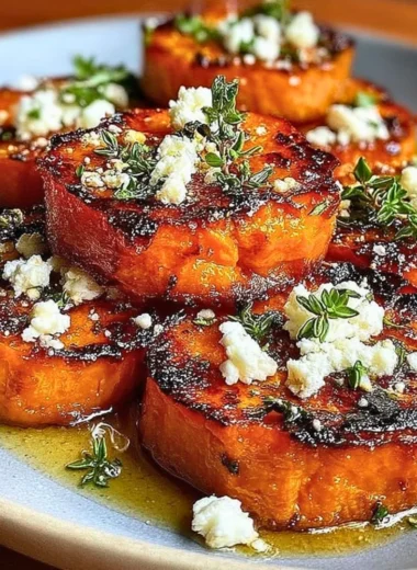 Roasted sweet potato rounds topped with honey and feta cheese