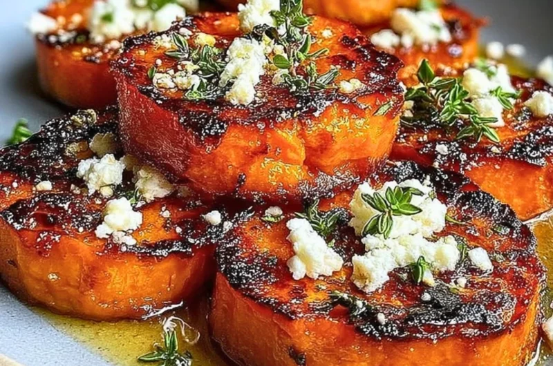 Roasted sweet potato rounds topped with honey and feta cheese