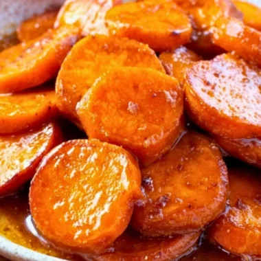 Delicious Southern candied sweet potatoes garnished with spices and syrup