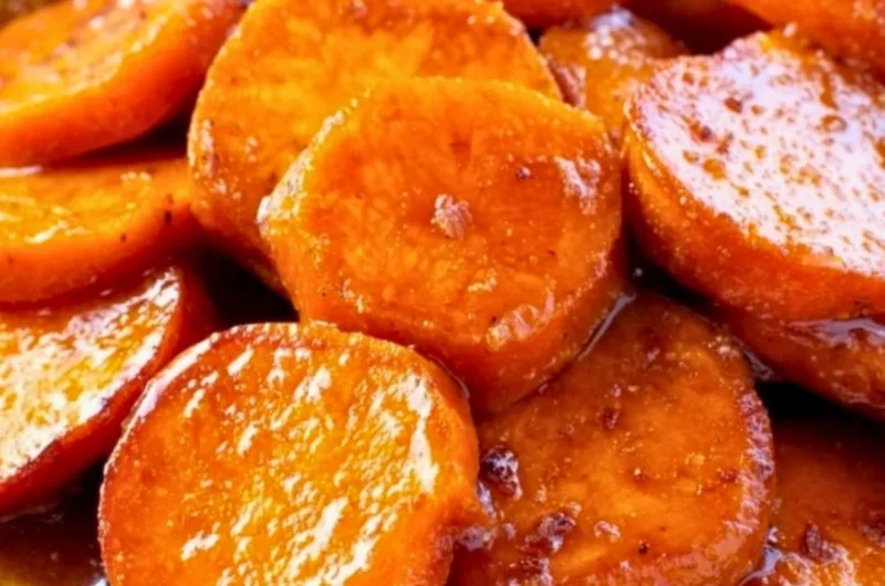 Delicious Southern candied sweet potatoes garnished with spices and syrup