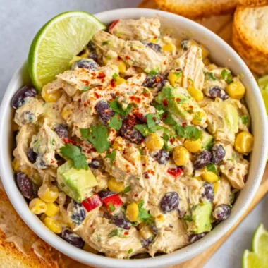 Bowl of colorful Southwest Chicken Salad with grilled chicken and vegetables