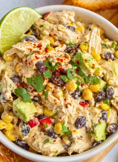 Bowl of colorful Southwest Chicken Salad with grilled chicken and vegetables