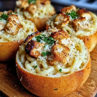 Spaghetti garlic bread bowls served with fresh herbs and cheese