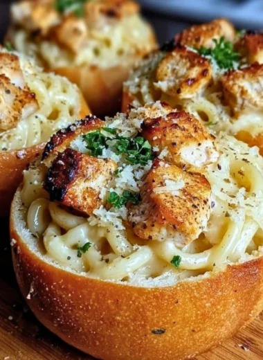 Spaghetti garlic bread bowls served with fresh herbs and cheese