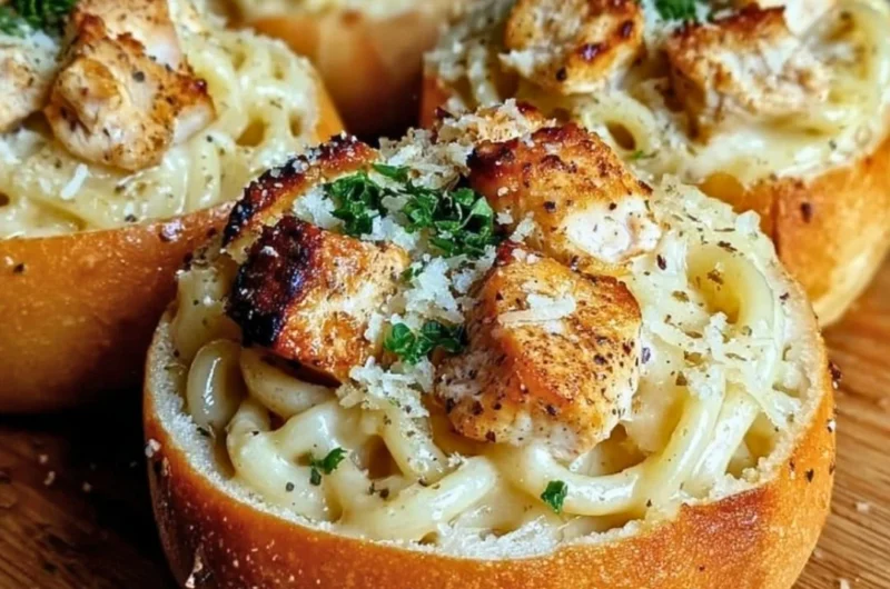 Spaghetti garlic bread bowls served with fresh herbs and cheese