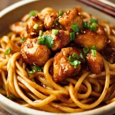 Delicious sticky garlic chicken noodles served in a bowl with fresh herbs