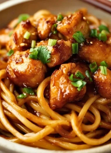 Delicious sticky garlic chicken noodles served in a bowl with fresh herbs