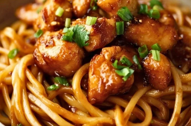 Delicious sticky garlic chicken noodles served in a bowl with fresh herbs