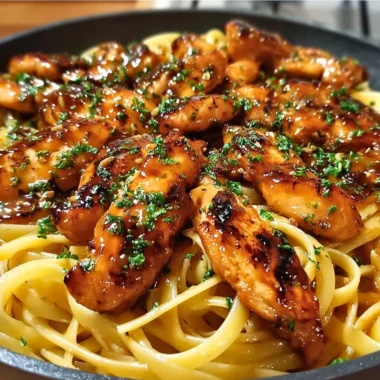 Delicious sticky smoky garlic butter chicken pasta served in a bowl.