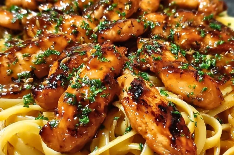 Delicious sticky smoky garlic butter chicken pasta served in a bowl.