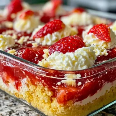 Delicious Strawberry Cheesecake Dump Cake topped with fresh strawberries