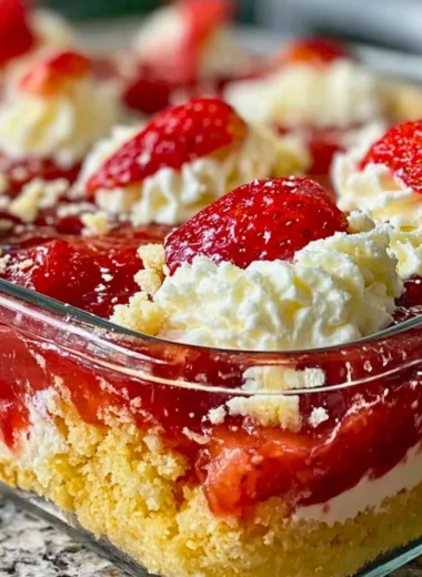 Delicious Strawberry Cheesecake Dump Cake topped with fresh strawberries