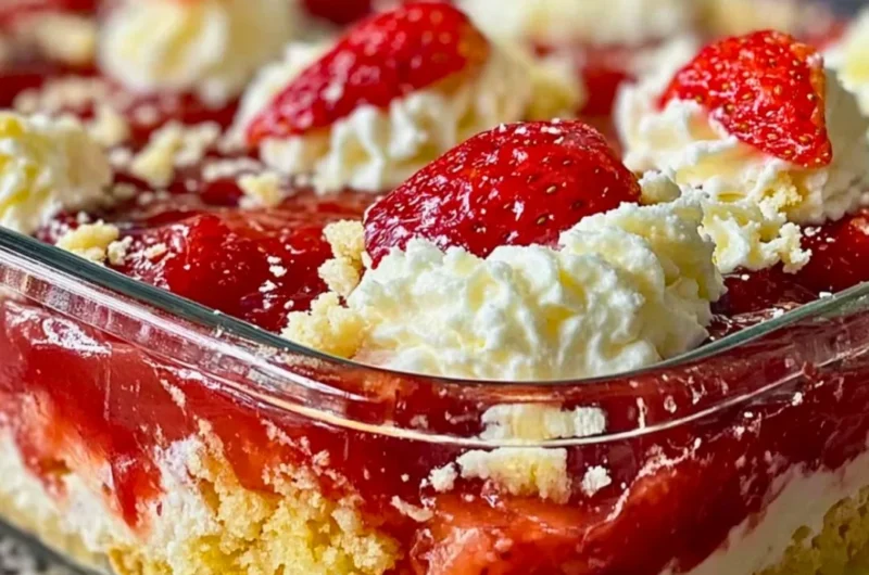 Delicious Strawberry Cheesecake Dump Cake topped with fresh strawberries