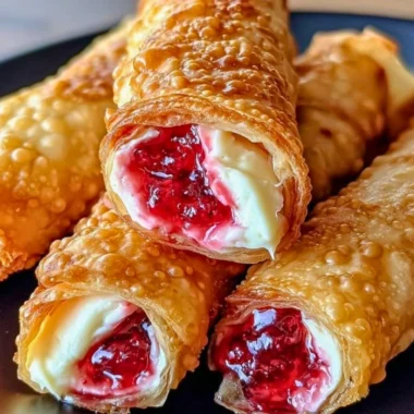 Strawberry Cheesecake Eggrolls served on a plate with fresh strawberries