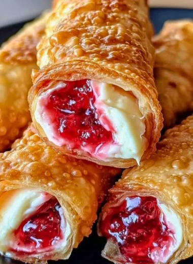 Strawberry Cheesecake Eggrolls served on a plate with fresh strawberries